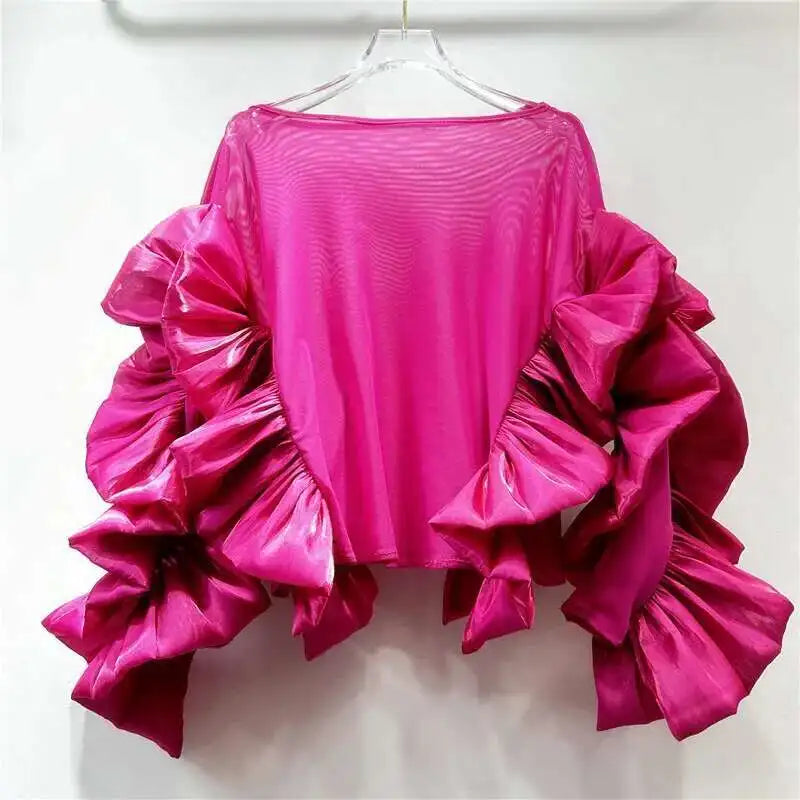 Women's O-neck Loose Stretch Irregular Patchwork Ruffles Edge