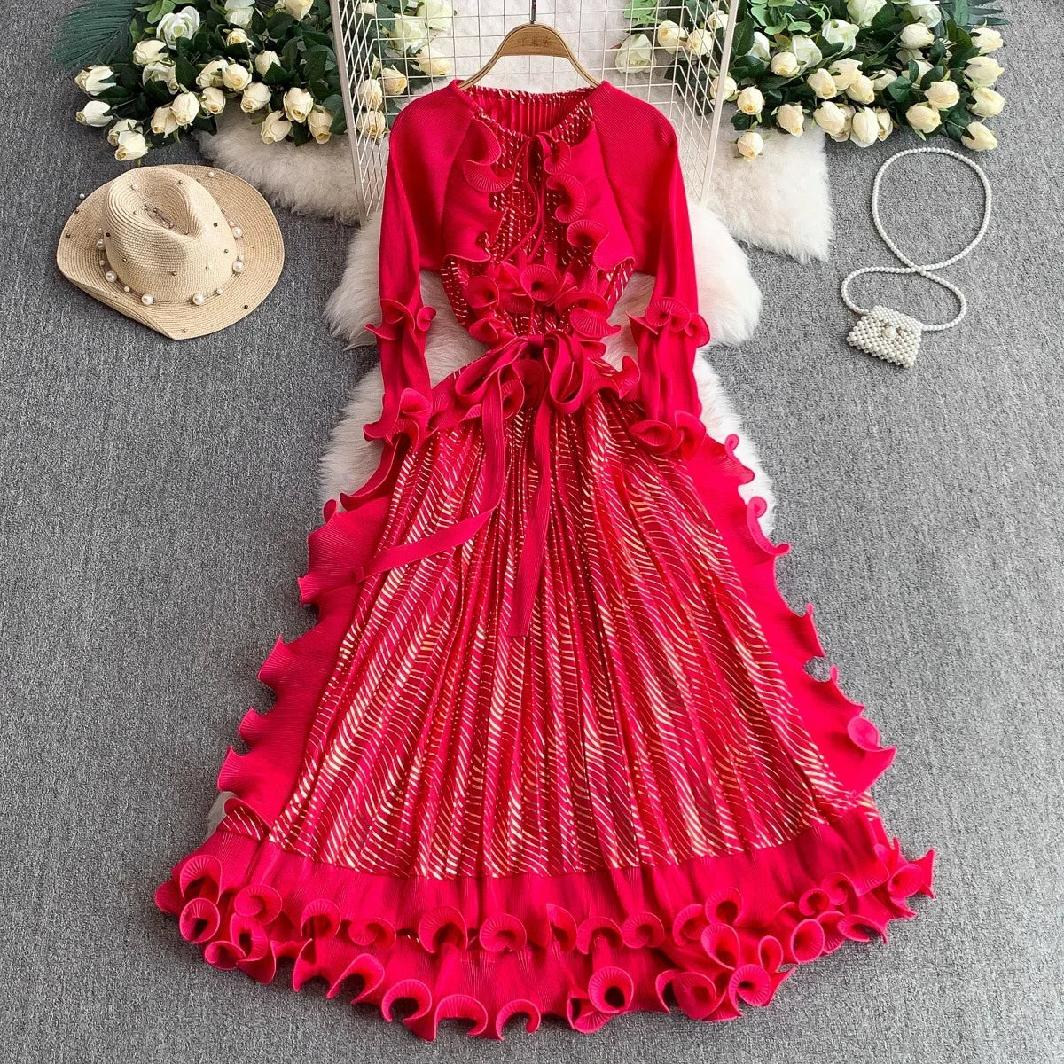 Crew Neck Dress Lotus Leaf Edge Long Waist Pleated Dress