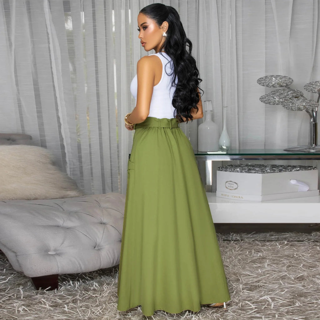 Women’s High Waist Belt Zipper Split Maxi Skirt