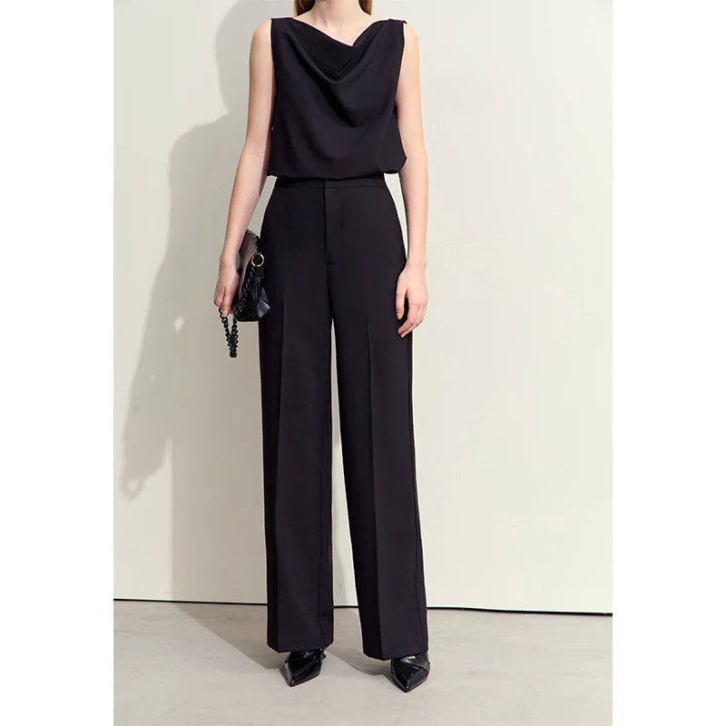 Swing Collar Women’s Vest + Straight Solid Casual Pants *Sold Seperately*