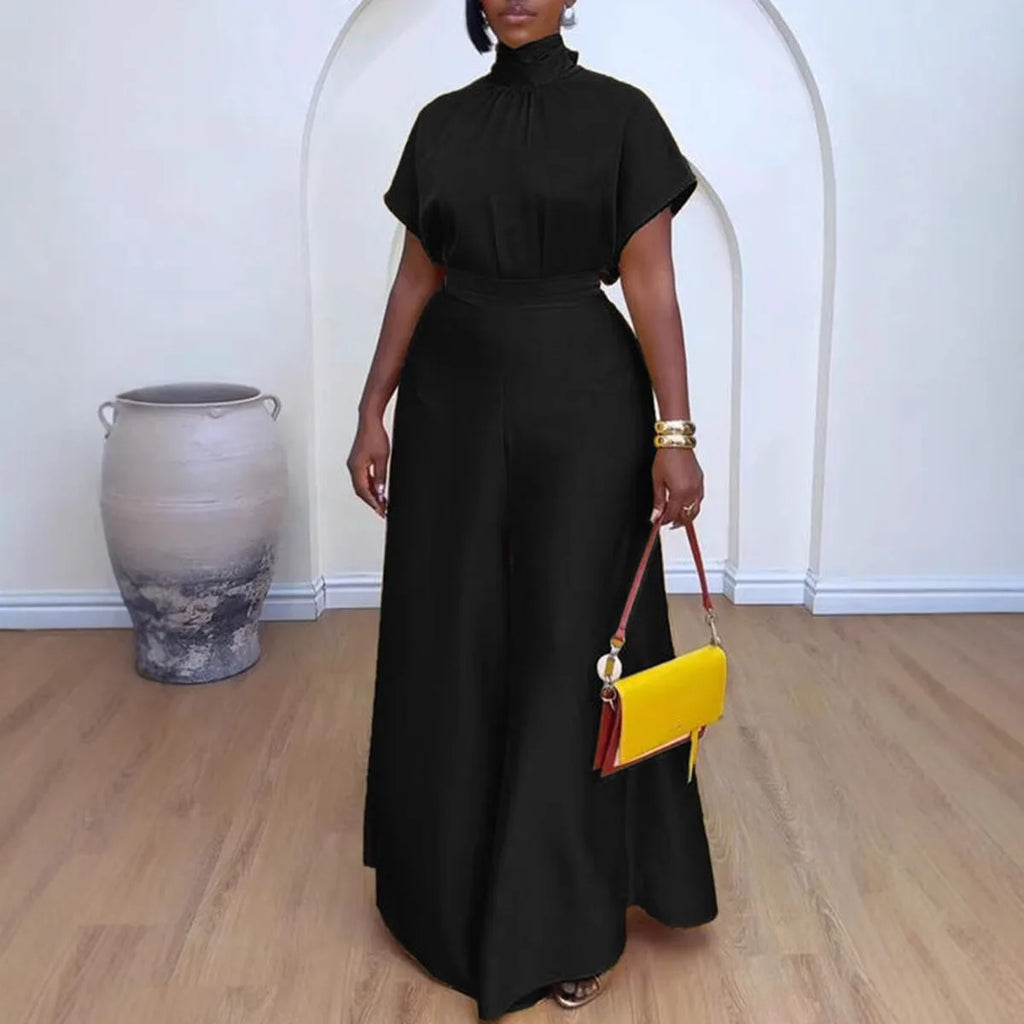Satin Short Sleeve Turtleneck Top & Wide Leg Pants