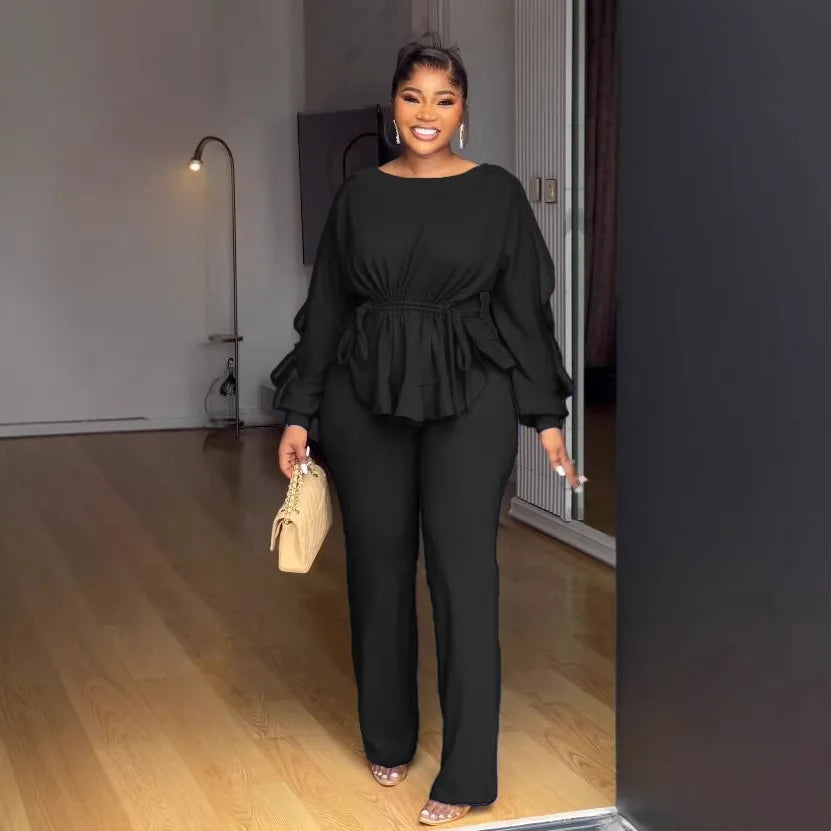 Women's Long Sleeve Flare Ruffles Hem Blouse and Pants Set 2 Piece Set