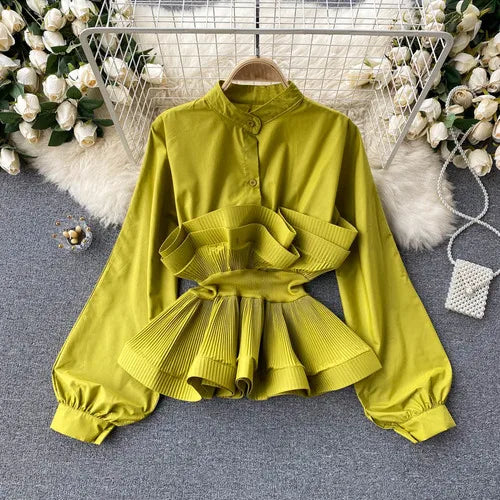 O Neck Puff Long Sleeve Ruffles Patchwork Slim Blouse