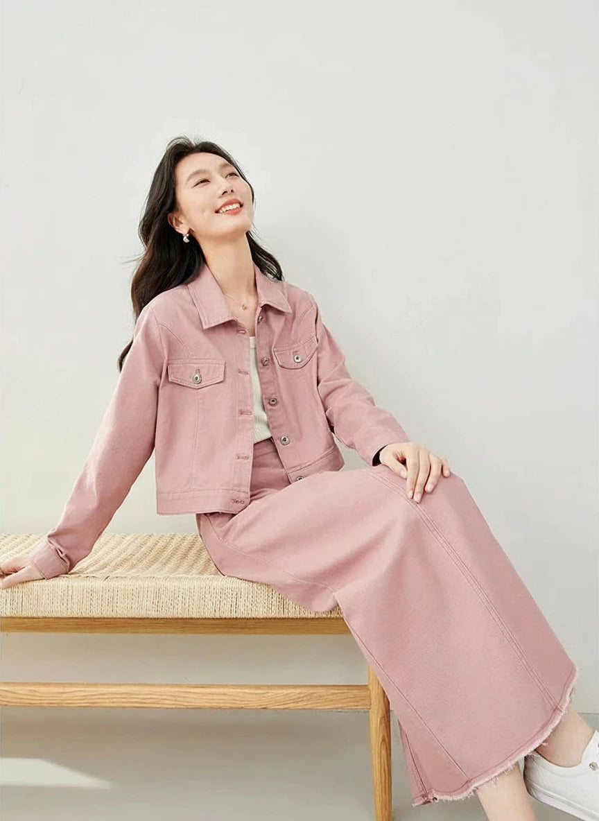 Pink Denim Maxi Jacket Skirt Set