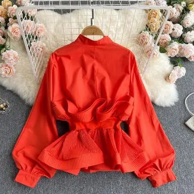 O Neck Puff Long Sleeve Ruffles Patchwork Slim Blouse