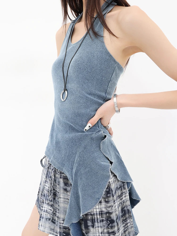 Women's Knitted Short Tank Tops Patchwork Irregular Backless