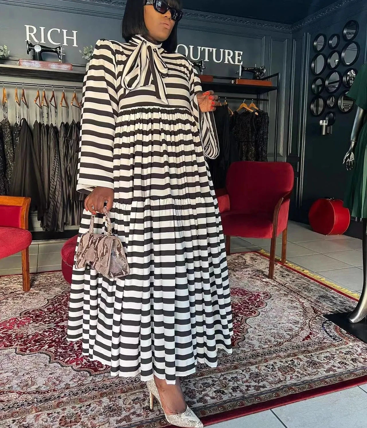 Women’s Striped Bowknot Collar Long Sleeve High Waist Babydoll Maxi Long Dress