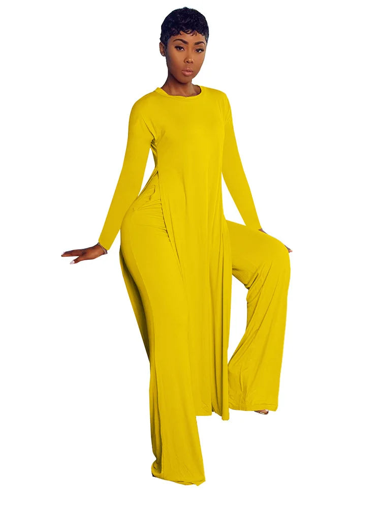 Women's Long Sleeve High Slit X-long Tee Top & Straight Pant Suit