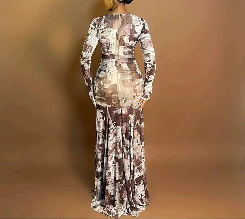 Women’s Printed Ruched Long Sleeve Floor Length Cutout Maxi Dress