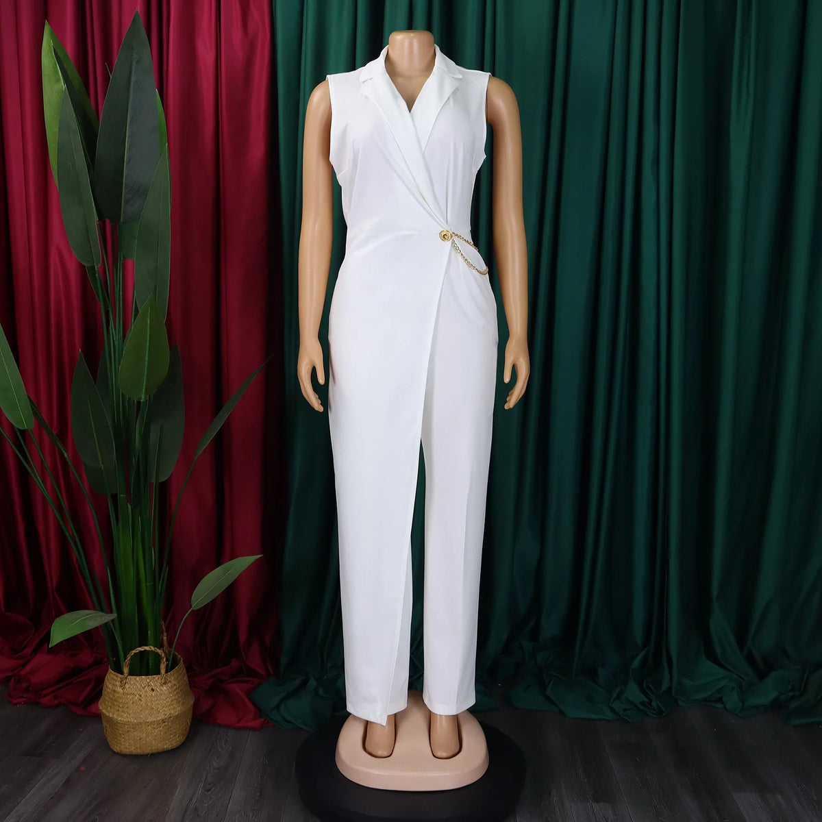 Women’s Wide Leg V-Neck Sleeveless Jumpsuit with Waist Chain