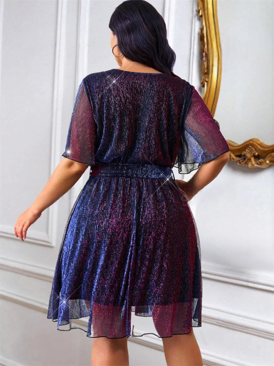 Plus Size Deep V Neck Glitter Belted Short Sleeved Dress