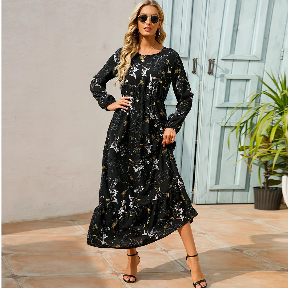 Bohemian  Chiffon Casual Long-Sleeve High Waist Maxi Dress