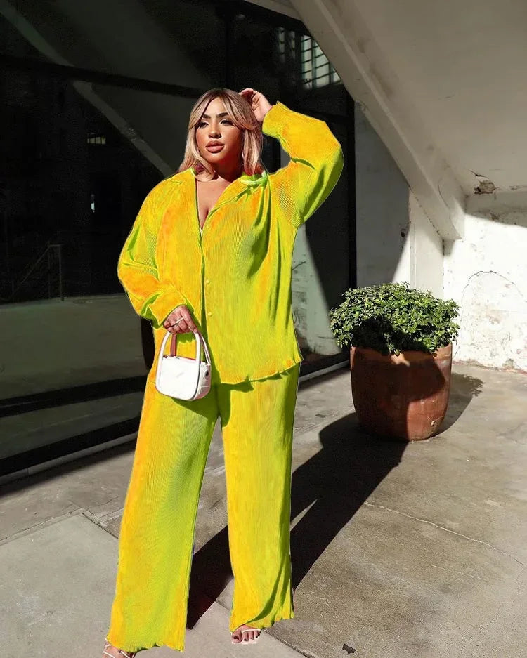 Women's Set Long Sleeve Shirt Tops and Wide Leg Pants Elegant Two Piece Set Chiffon Yellow