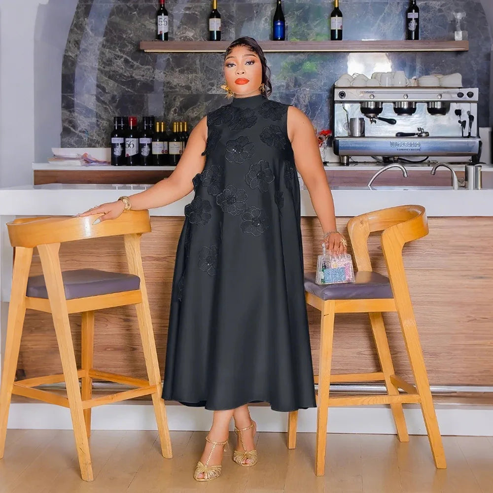 Women’s Sleeveless Loose 3D Flower O-neck Dress Bodycon Midi Maxi Dress