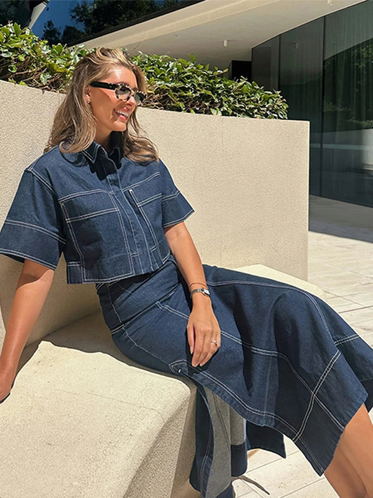 Women’s Lapel Pockets Short-sleeves Denim Shirt + A-line Long Denim Skirt Set