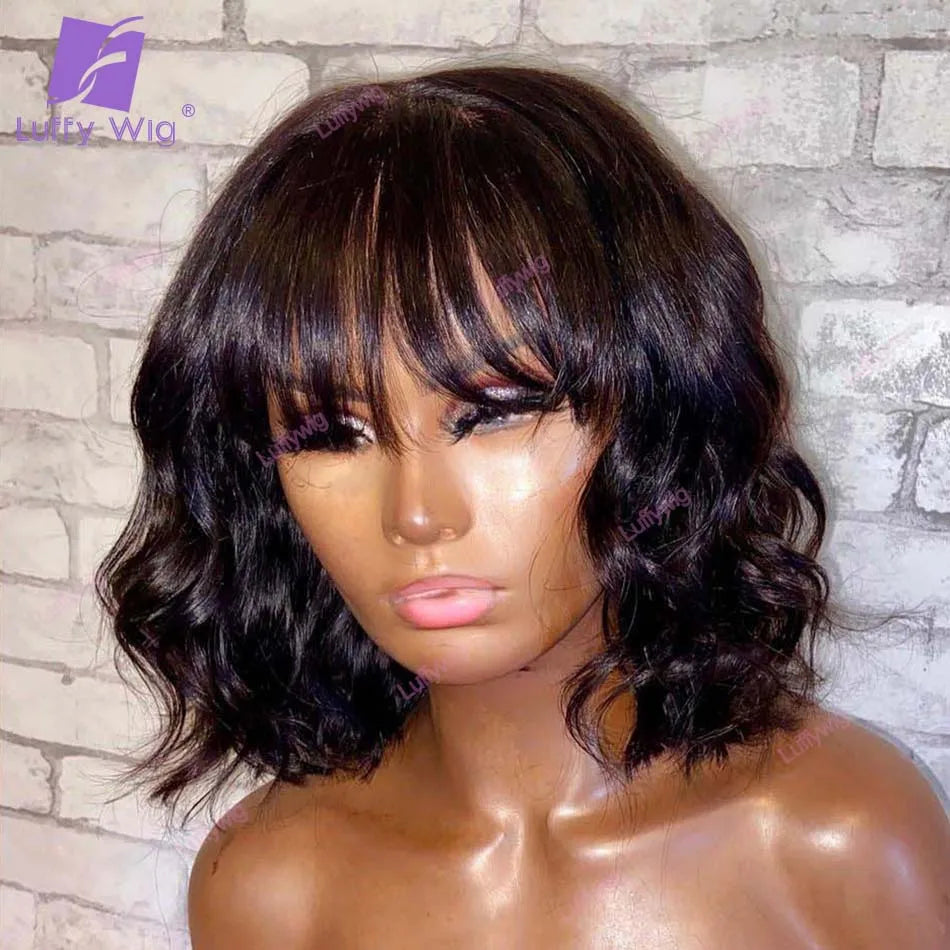 Short Human Hair Bob Wig With Bangs Brazilian Remy O Scalp Top Bang Wig Natural Wave
