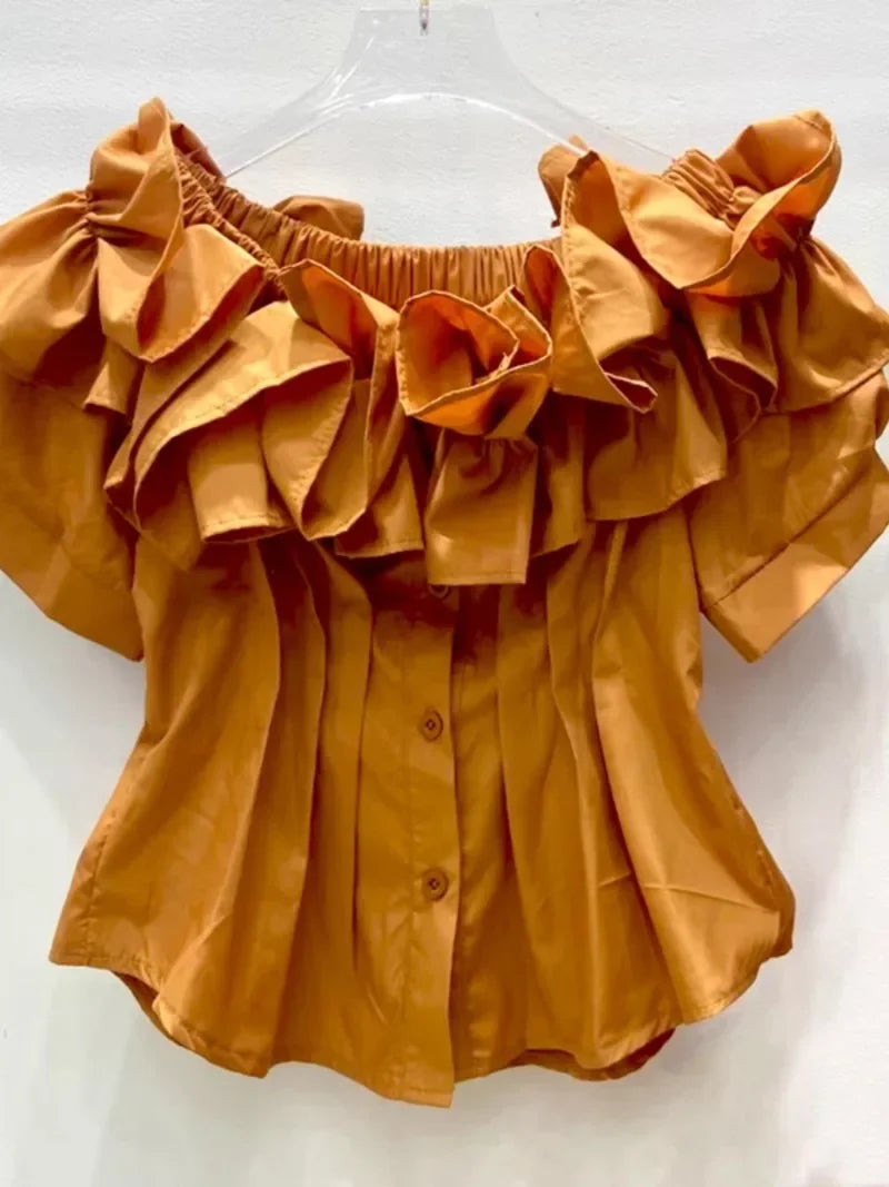Women’s Pleated Tunic Ruffles Puff Sleeve Slash Neck Blouse