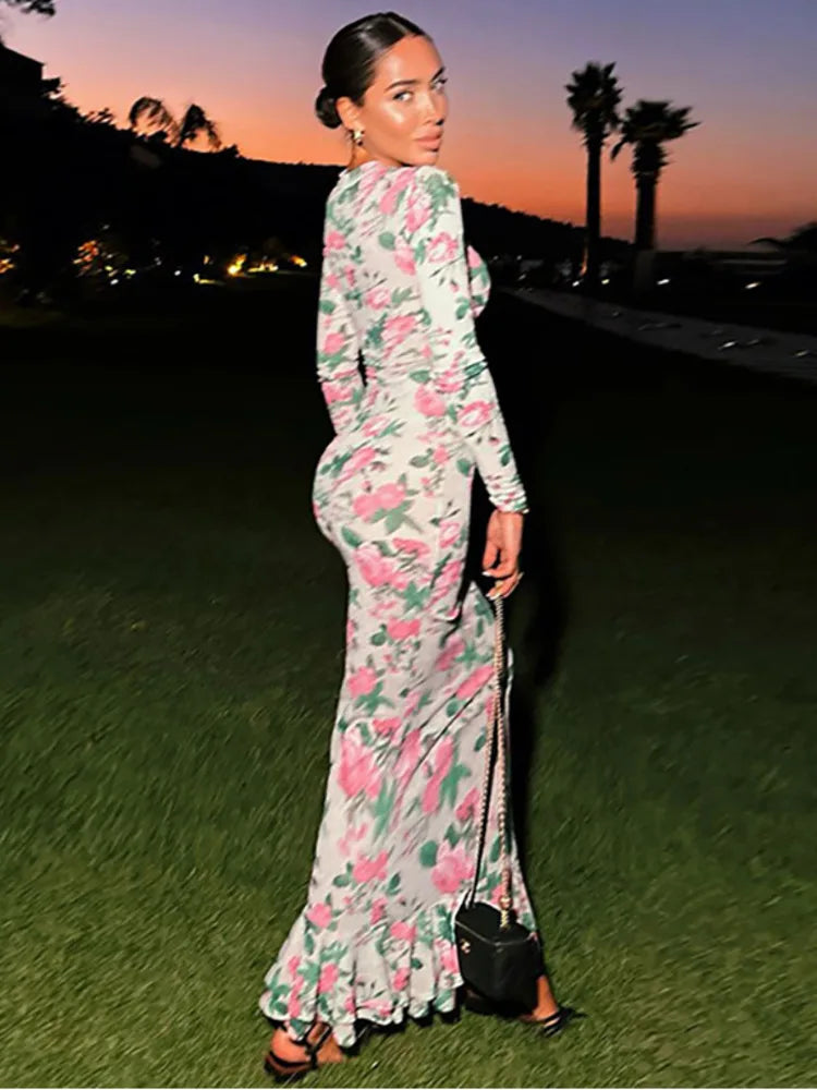 Bodycon Long Sleeve Half High Collar Print Zipper High Waist Maxi Dress