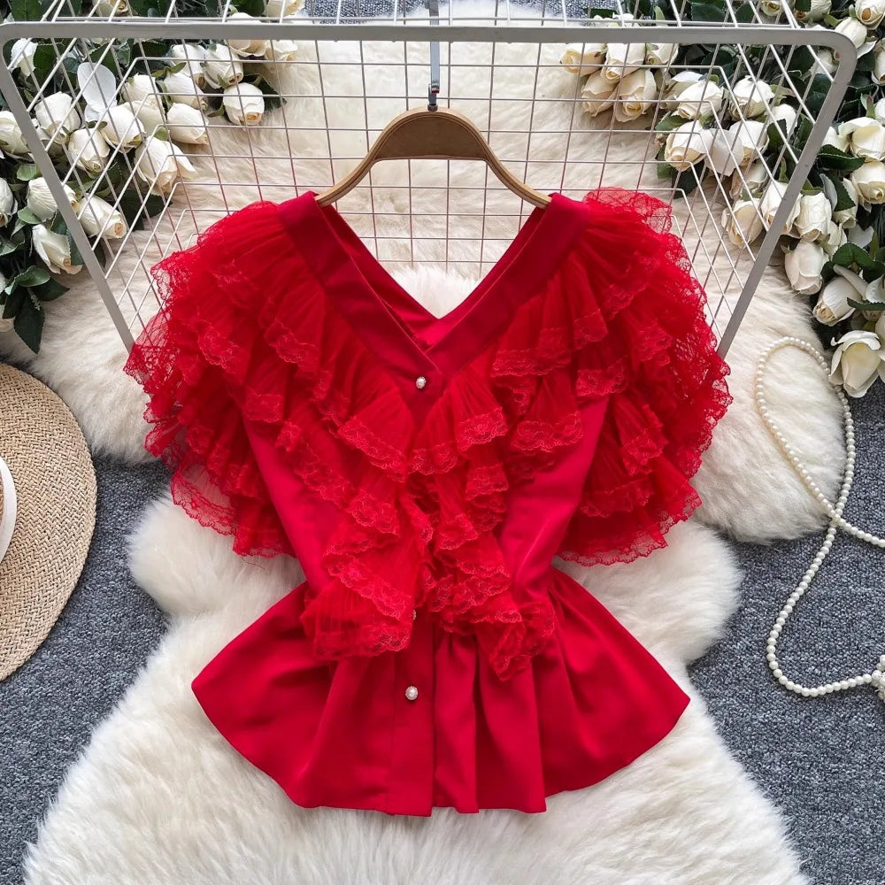 V Neck All-match Ruffles Mesh Blouse