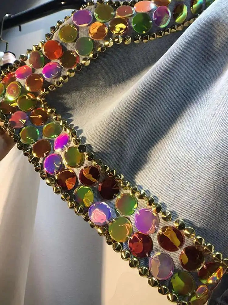 Women's Denim Shorts Loose Elastic Waist Rivet Colorful Big Sequins Wide Leg Short Jeans