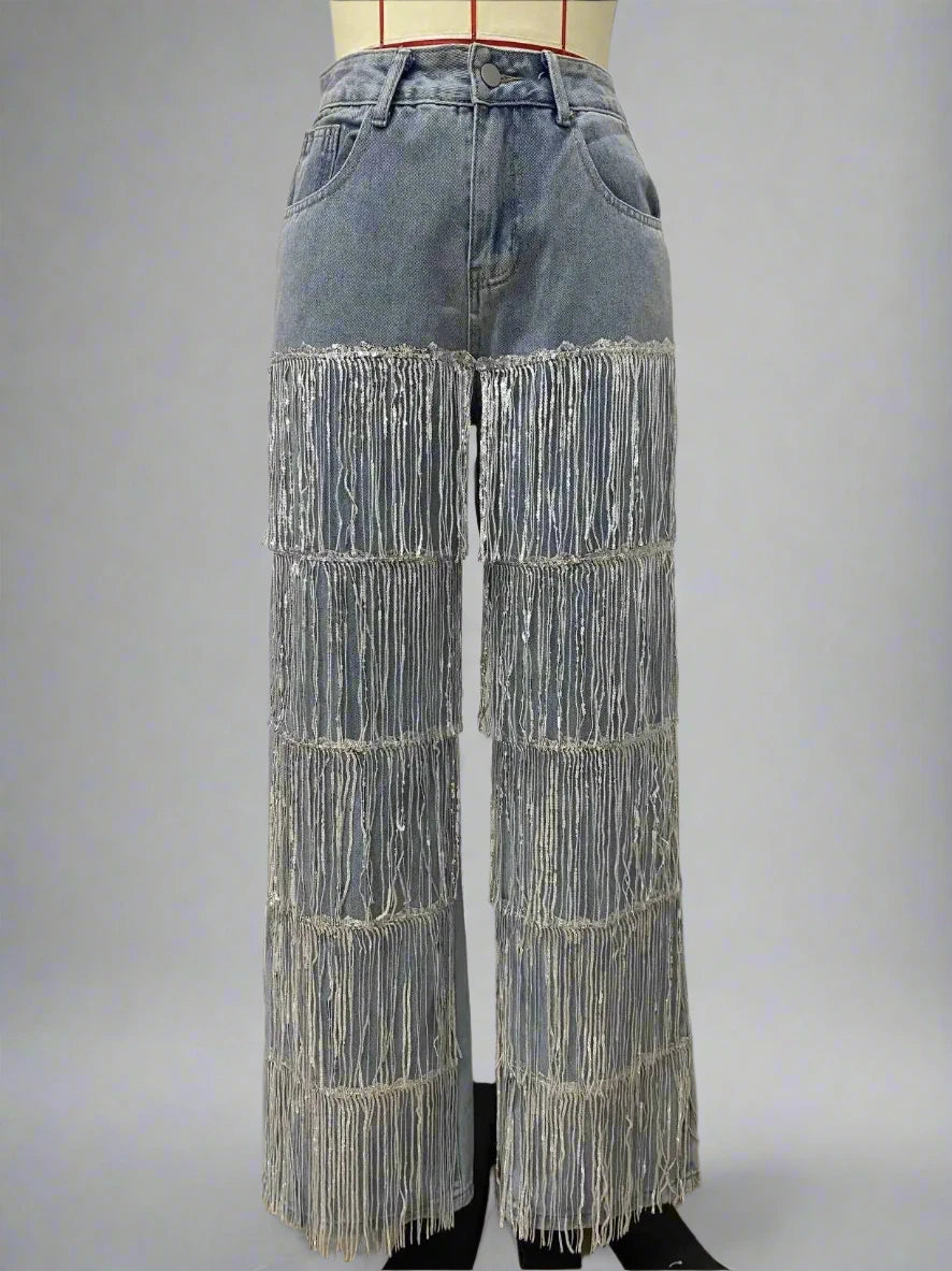 Women’s Sequin Tassels Wide Leg High Waist Blue Denim Jeans