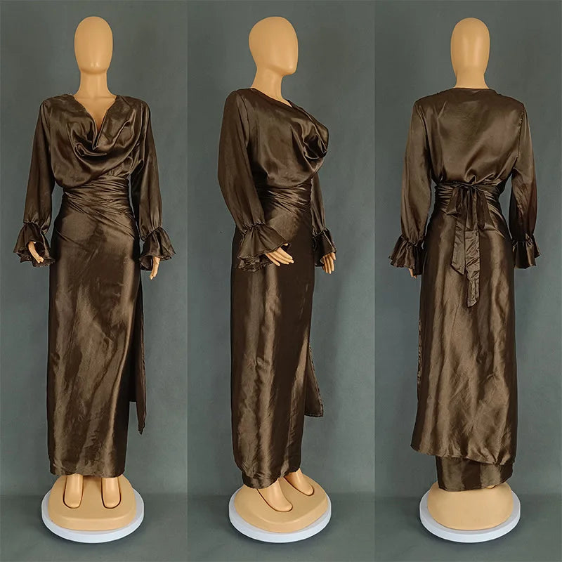 Women's Satin Flare Long Sleeve Pile Collar and Draped Waist Dress