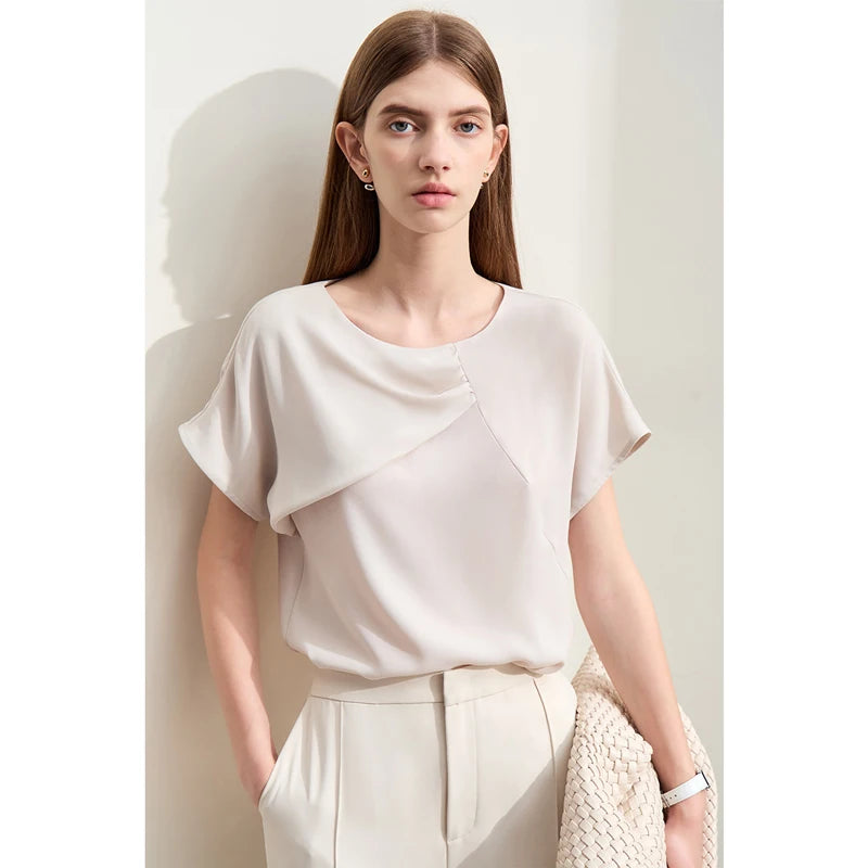 Women’s Round Neck Small Fly Sleeve Loose Basics Chiffon Blouse