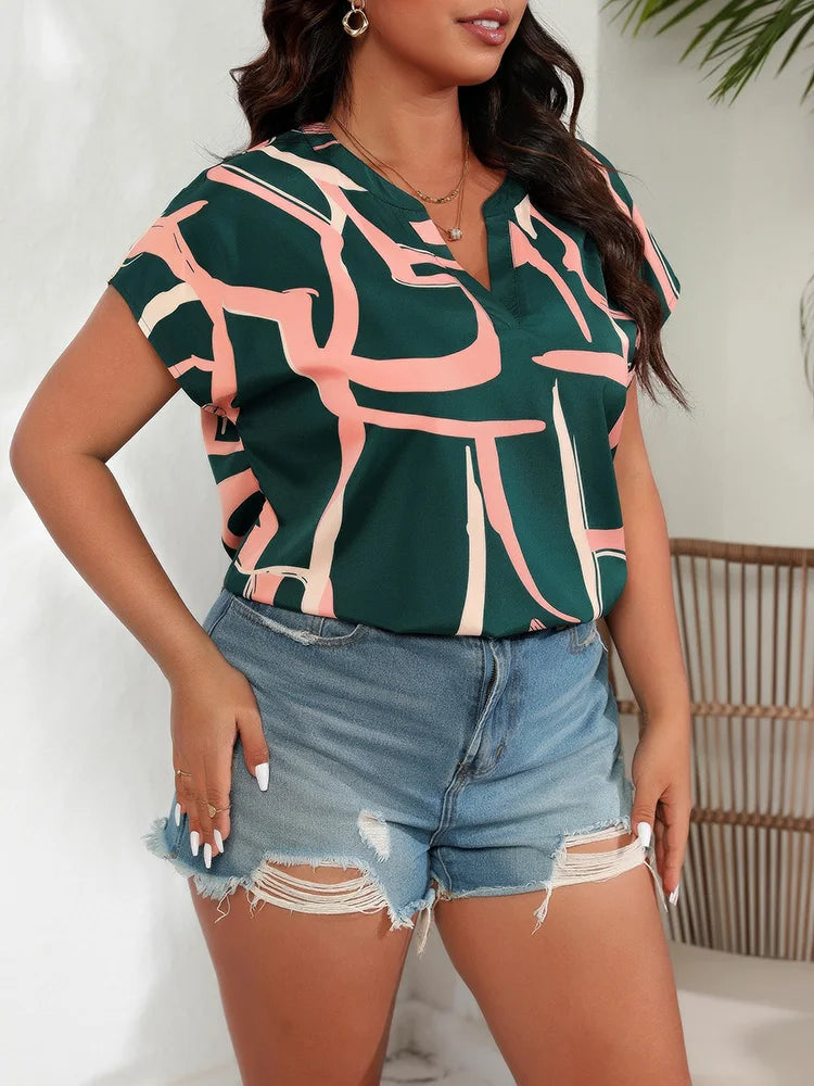 Plus Size Notch Neck Print Casual Blouse