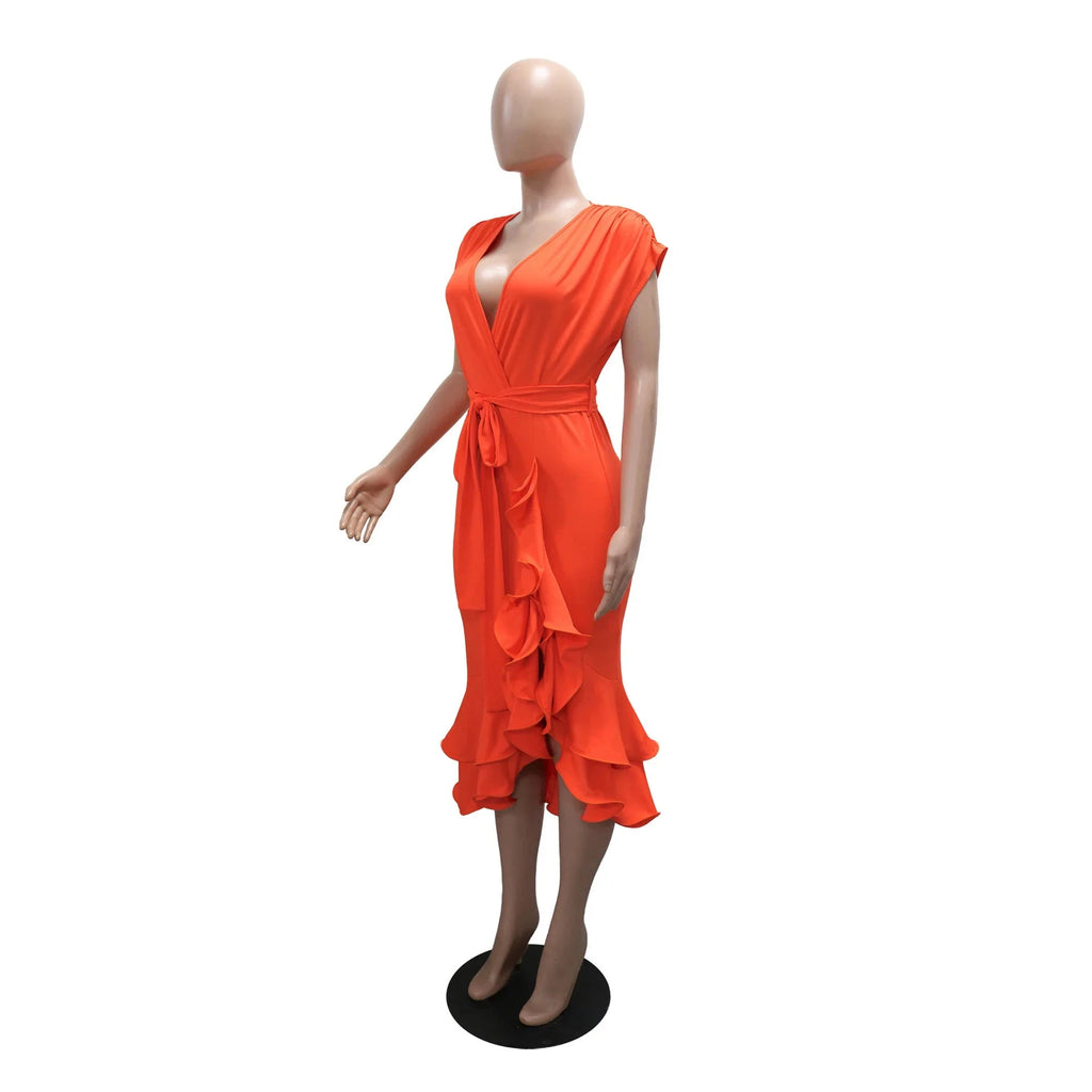 Women’s Wrap V-neck Ruched Batwing Short Sleeve Ruffles Side Split Irregular Maxi Dress