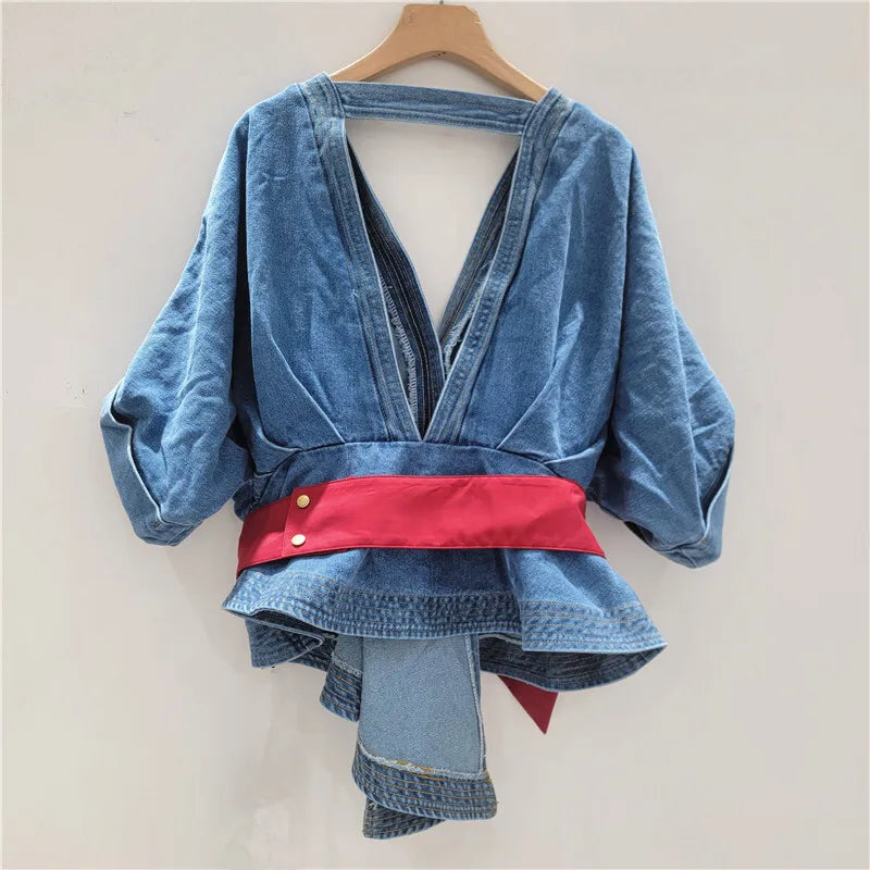 Women's Denim Shirt Deep V-neck Backless Short Sleeve Contrast Blouse
