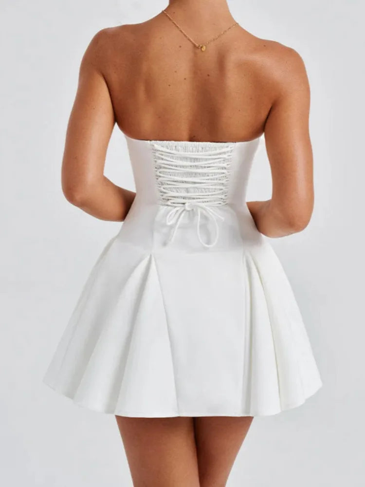 Bow Strapless Backless Mini Dress For Women Solid Off-shoulder Sleeveless A-line Dress