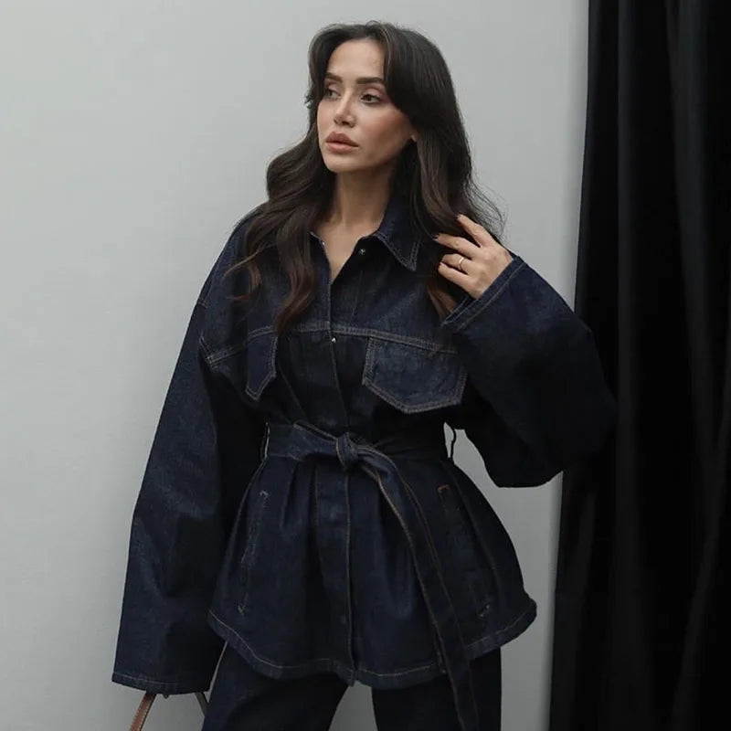 Women’s Denim Jacket With Lapel Belt and Wide Leg Jeans