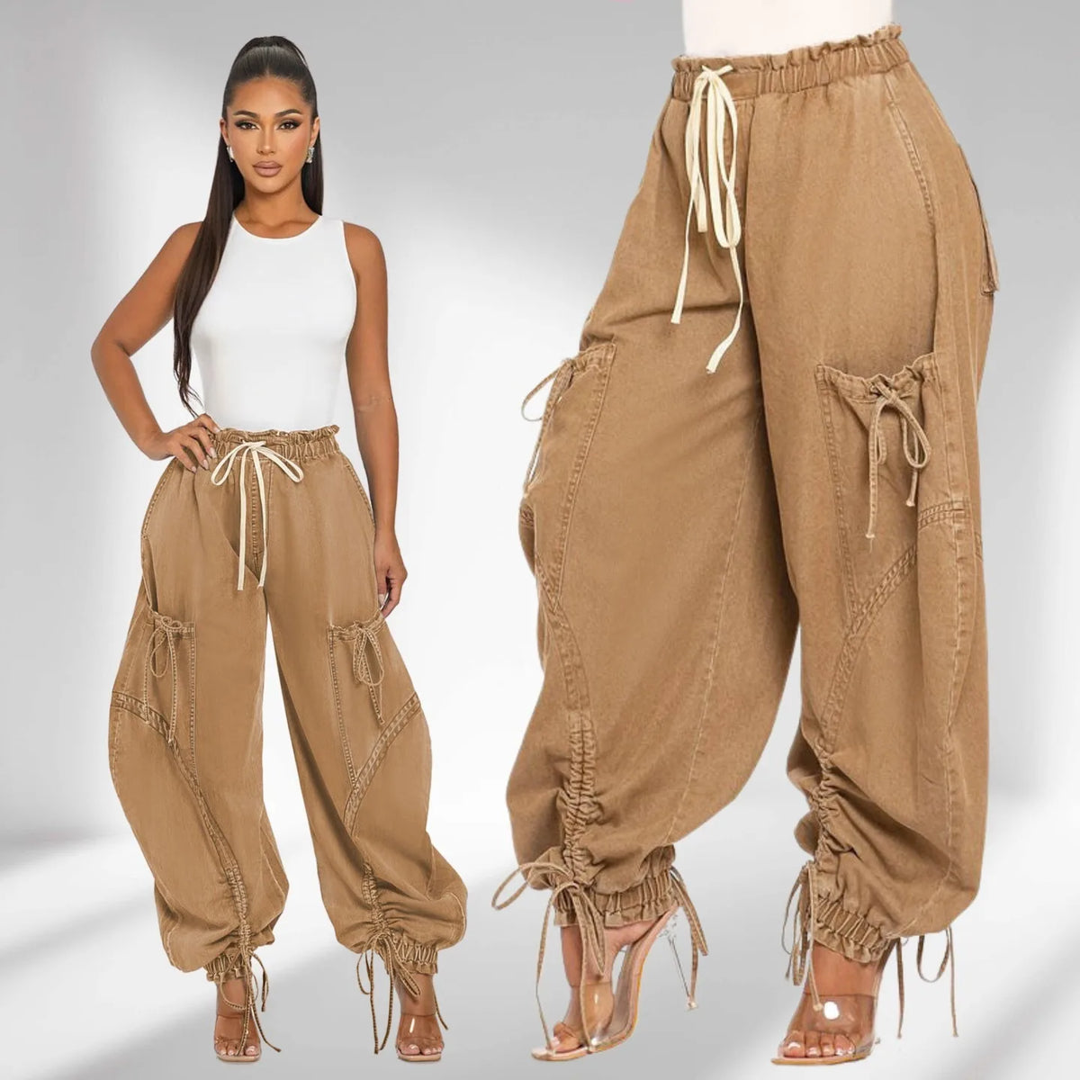 Women’s Drawstring Denim Loose Safari Style Cargo Harem Jeans