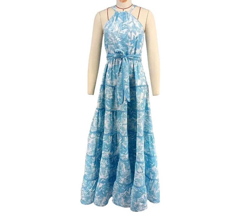 Women’s Sleeveless Printed Halter Neck Backless Maxi Dress