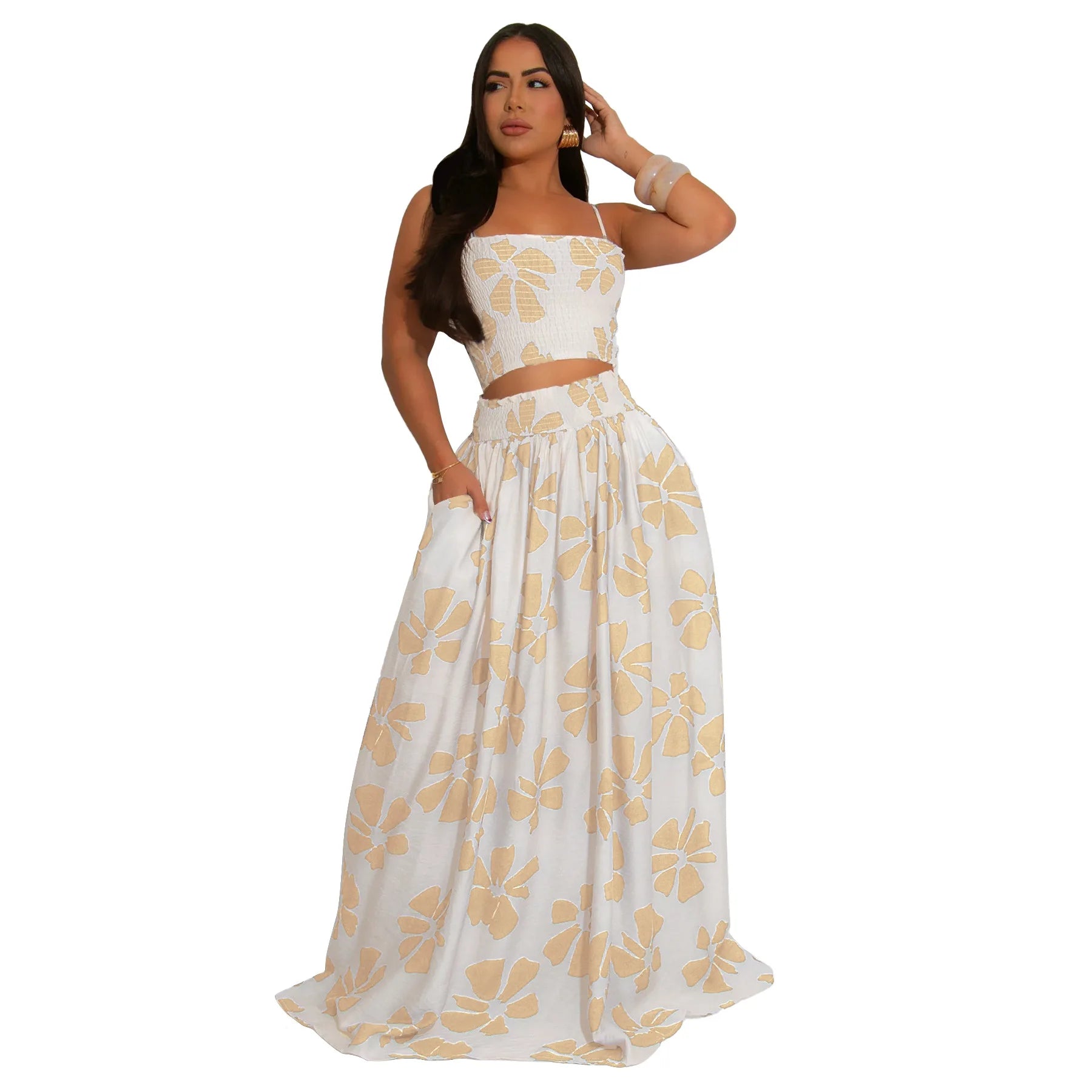 Women's Floral Strap Sleeveless Tank Top and Maxi Long Skirt