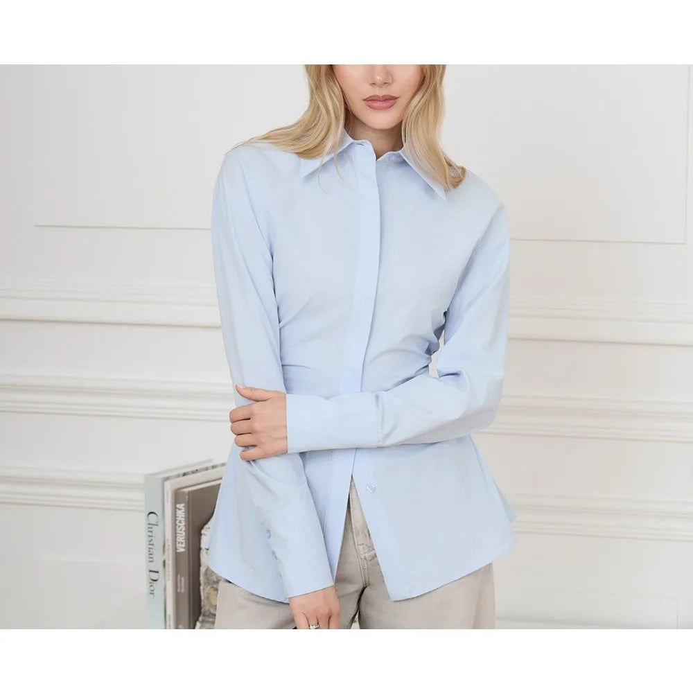 Women’s Solid Spliced Slimming Lapel Long Sleeve Tunic Temperament Blouse