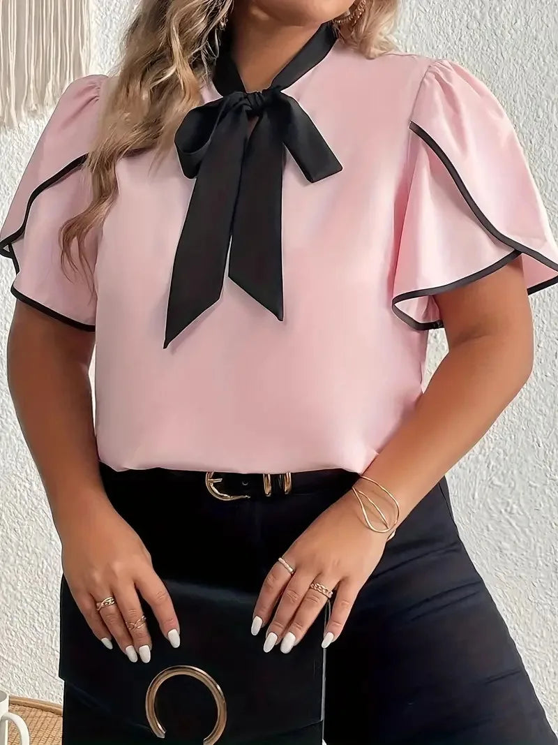 Plus Size Contrast Bow Tie Neck Short Sleeve Casual Blouse