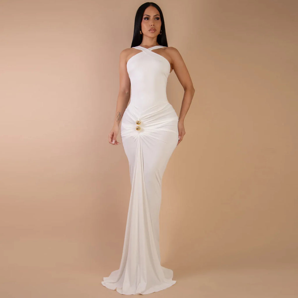 Women’s Sleeveless Cross V-neck Ruched Stacked Maxi Bodycon Dress