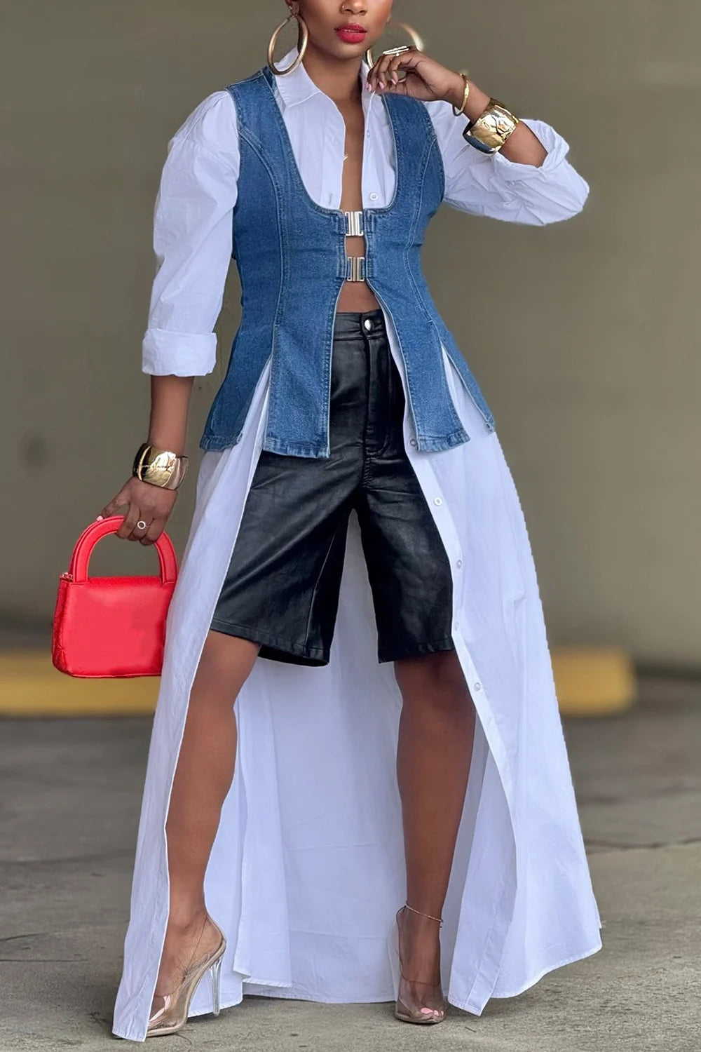 Plus Size Business Casual Blue Casual Split Denim Vest