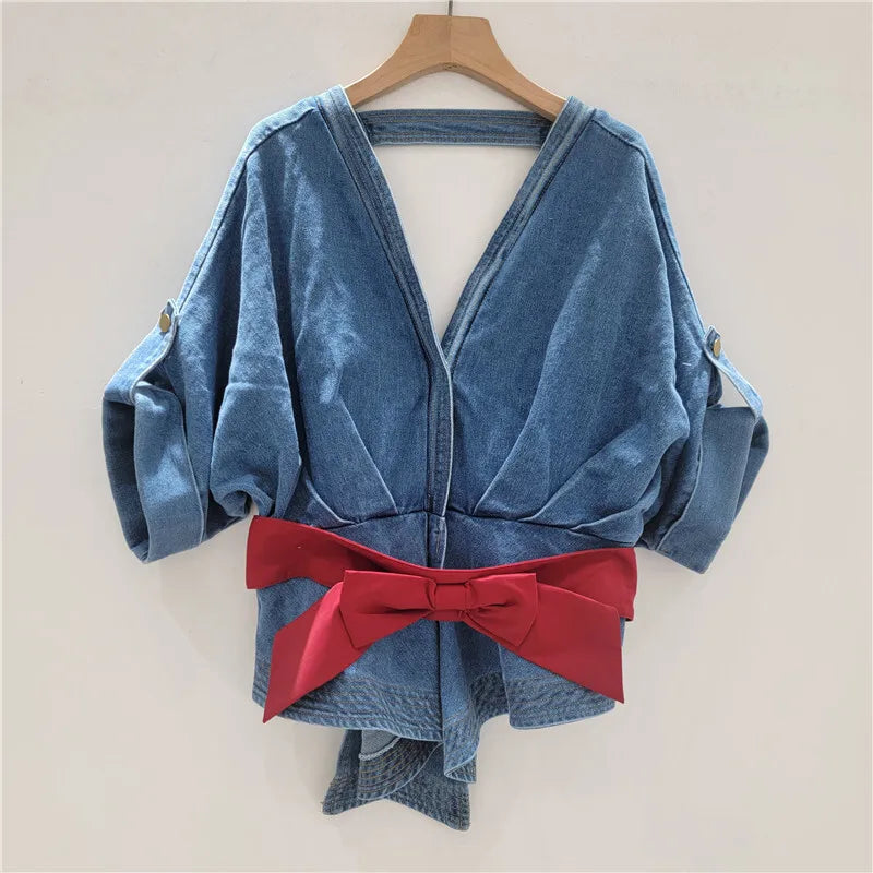 Women's Denim Shirt Deep V-neck Backless Short Sleeve Contrast Blouse
