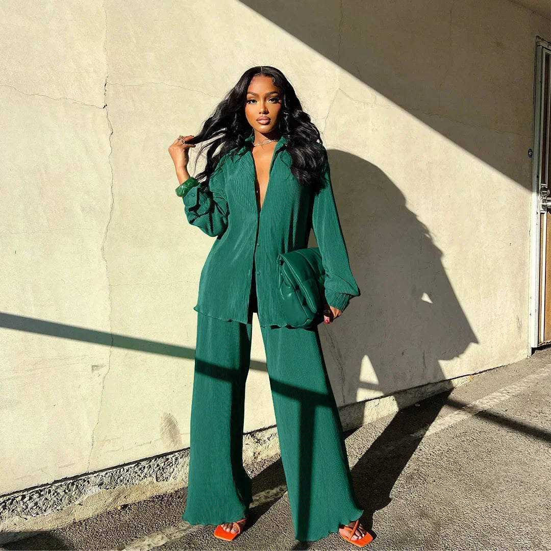 Women's Set Long Sleeve Shirt Tops and Wide Leg Pants Elegant Two Piece Set Dark Green