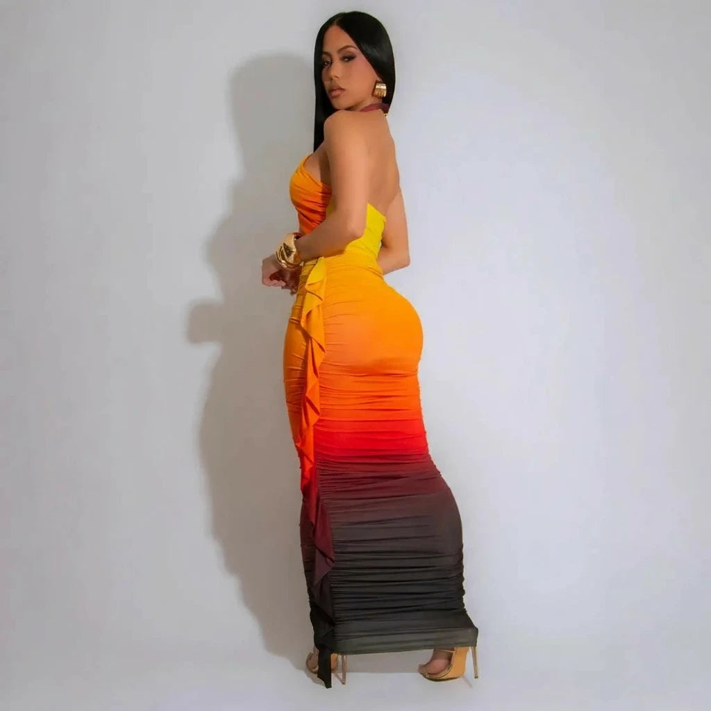 Gradient Printed Women' Sleeveless V Neck Crop Top &  Bodycon Tassel Maxi Skirt