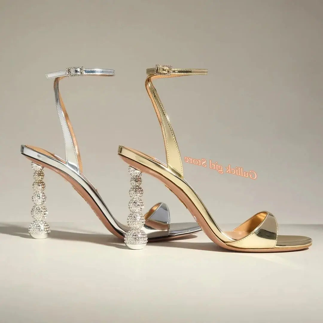 Crystal Ball High Heel Sandals Ankle Buckle Strap Open Toe Dress Shoes