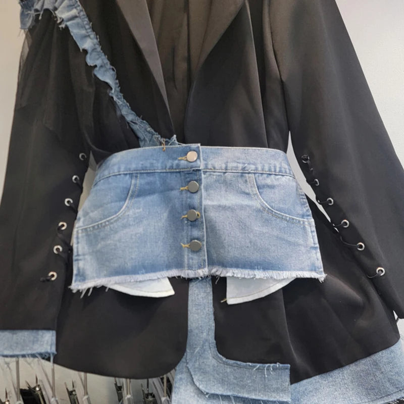 Women's Denim Patchwork Off-shoulder Single Breasted Belt Waisted Suit Jacket