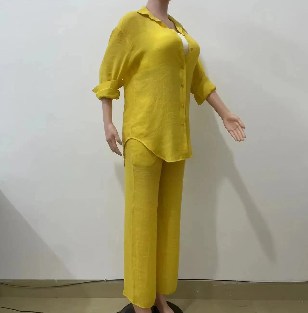 Women's Full Sleeve Single Breasted Shirts & Wide Leg Pants Set