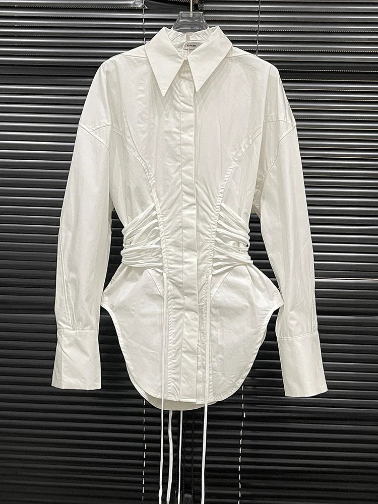 Women's Multiple Drawstrings Lapel Long Sleeves Blouse