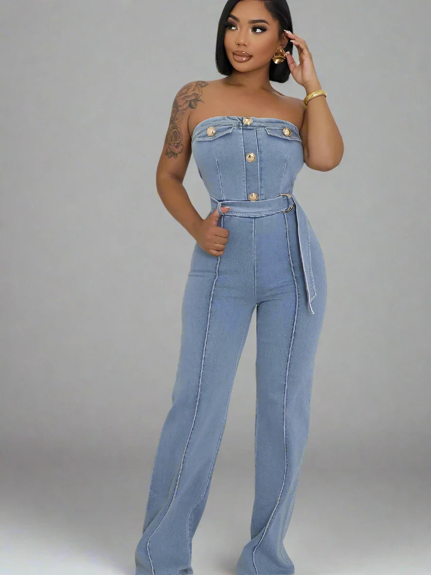 Women’s Sleeveless Button Straight Denim Strapless Jumpsuit