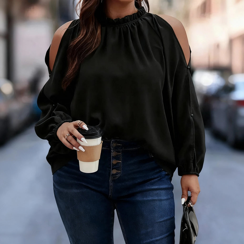 Plus Size Long Sleeve Slit Stand Collar Loose Casual Blouse