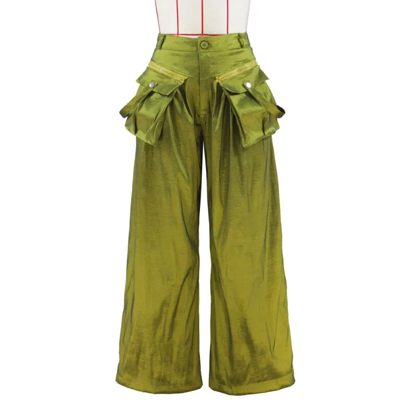 Women's Solid Color Multi-pocket Loose Wide Leg Straight High-Waisted Trousers