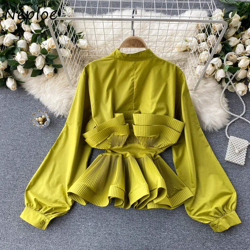 O Neck Puff Long Sleeve Ruffles Patchwork Slim Blouse